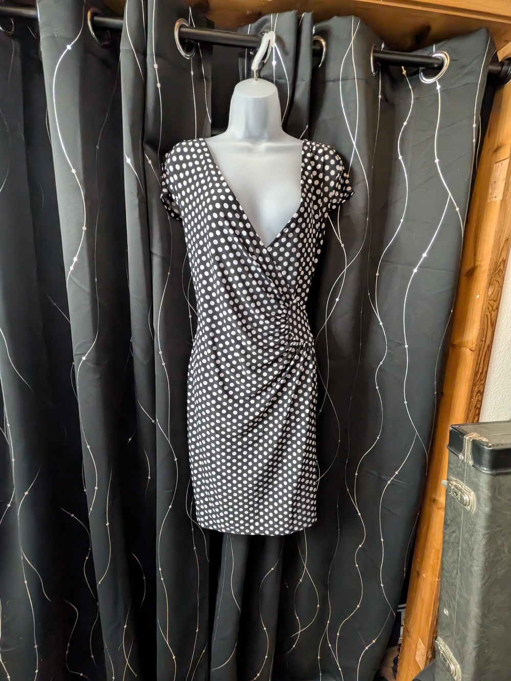 Black and White Polka Dot Wrap-Style Dress - Women's